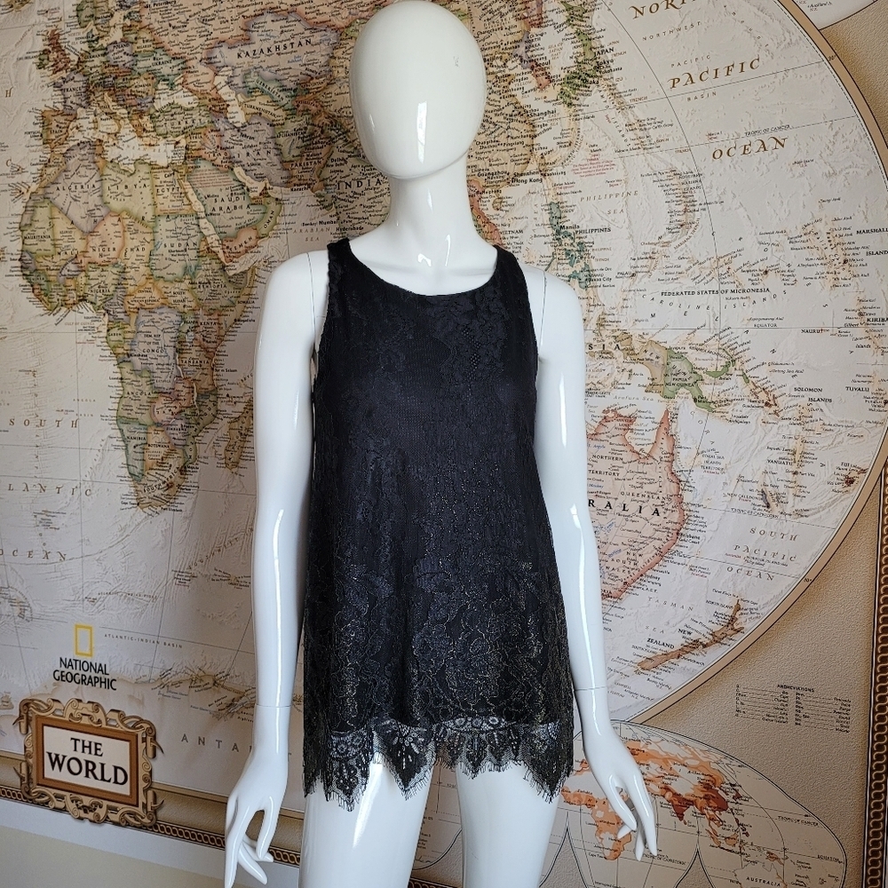 Apt 9 black lace lined sleeveless top gold black lace hem whimsigoth witchy XS